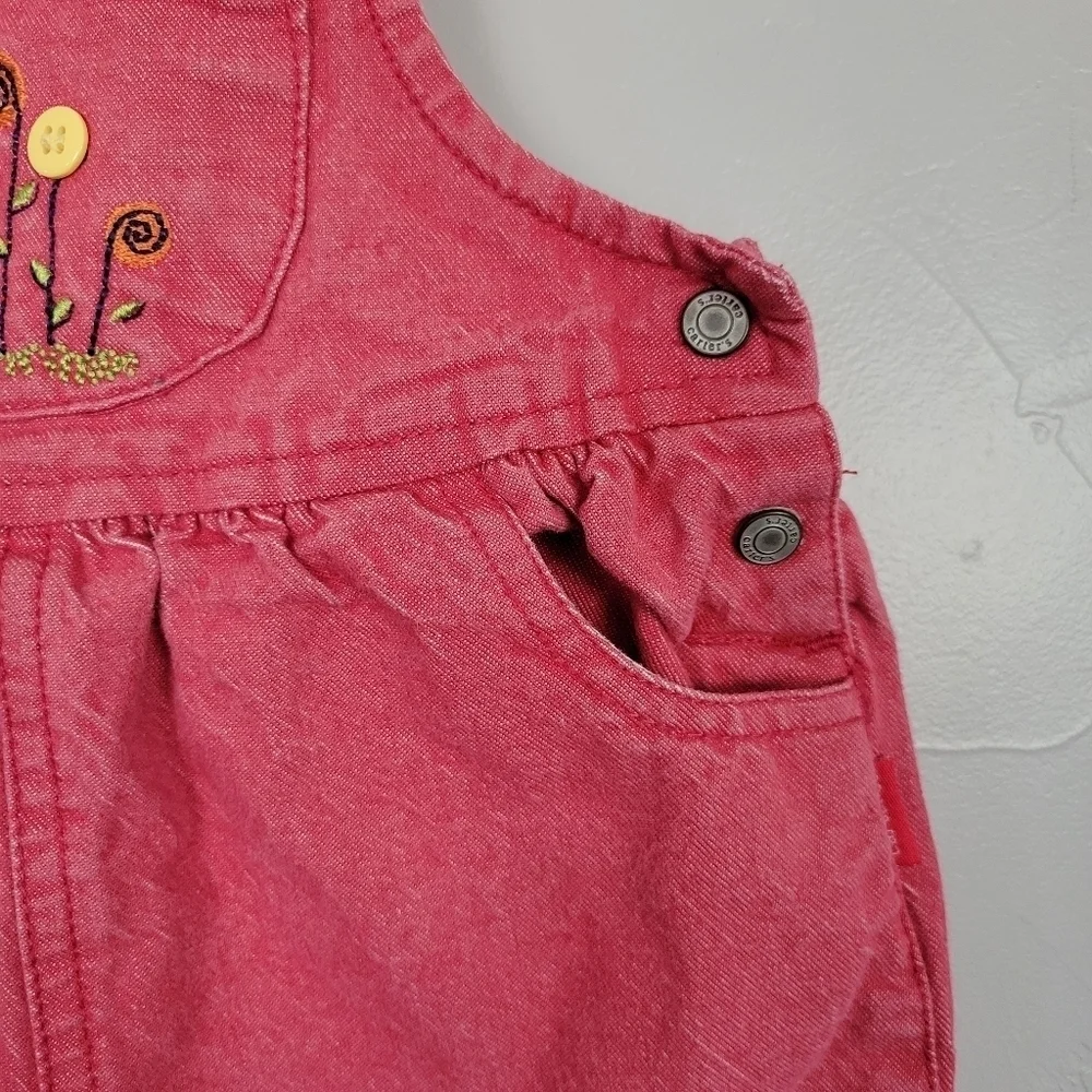 Carter's Vintage Faded Red Denim Overalls Baby Girl 9-12 Months Floral Embroider